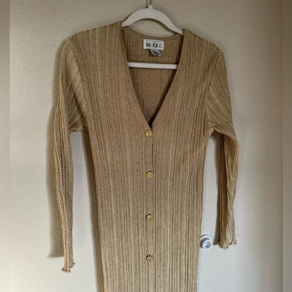 Vintage Metallic Ribbed Cardigan Dress Button Down Sz Small Gold Long/Midi‎